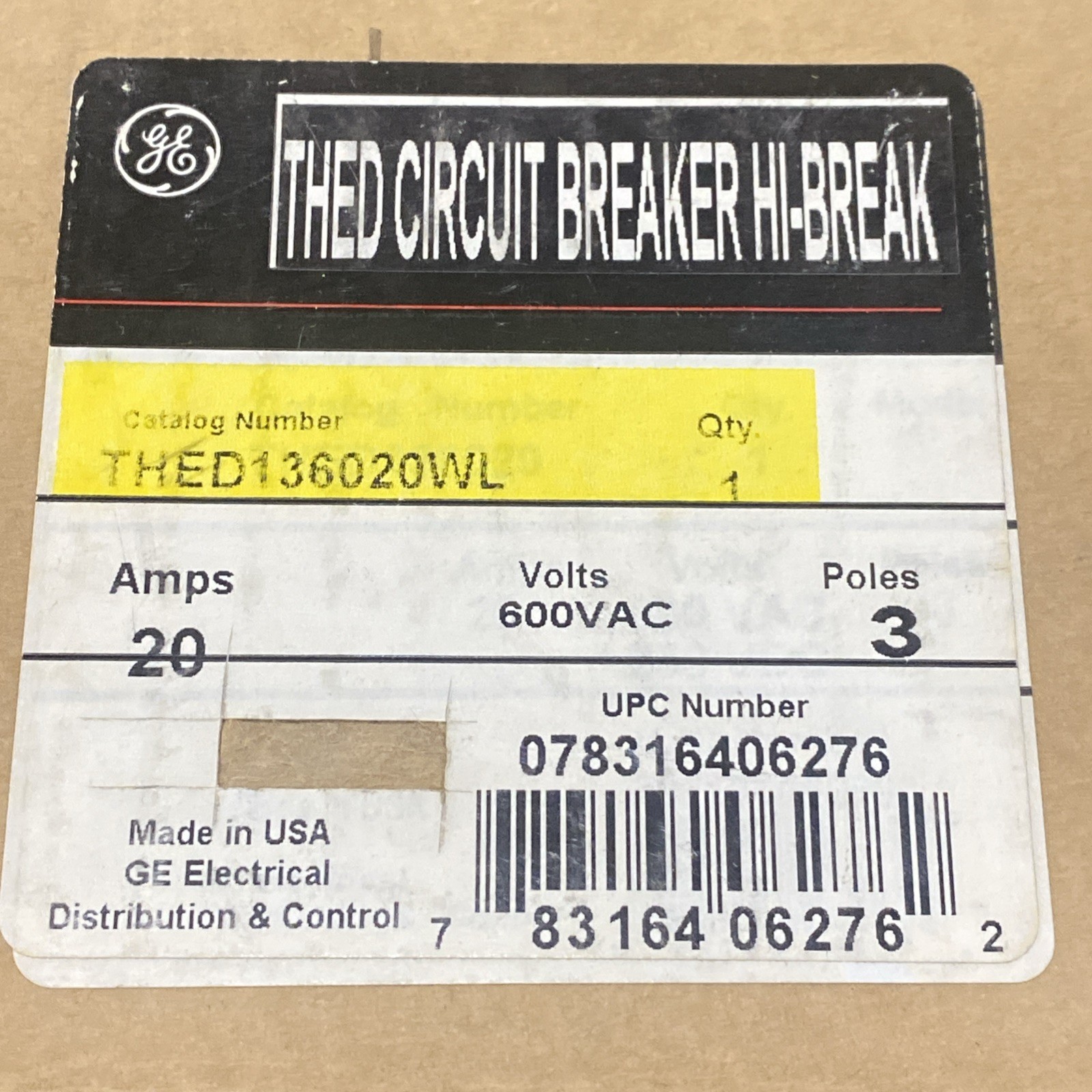 GE THED136020WL Circuit Breaker 20 amp, 3 pole, 600VAC NEW. V24