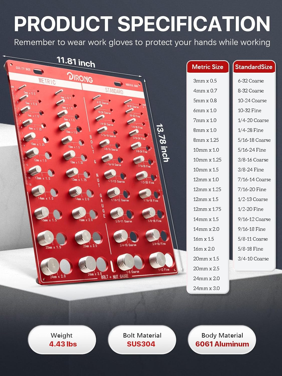Thread Pitch Gauge & Bolt Size Checker Metric SAE Wall Mount Aluminum