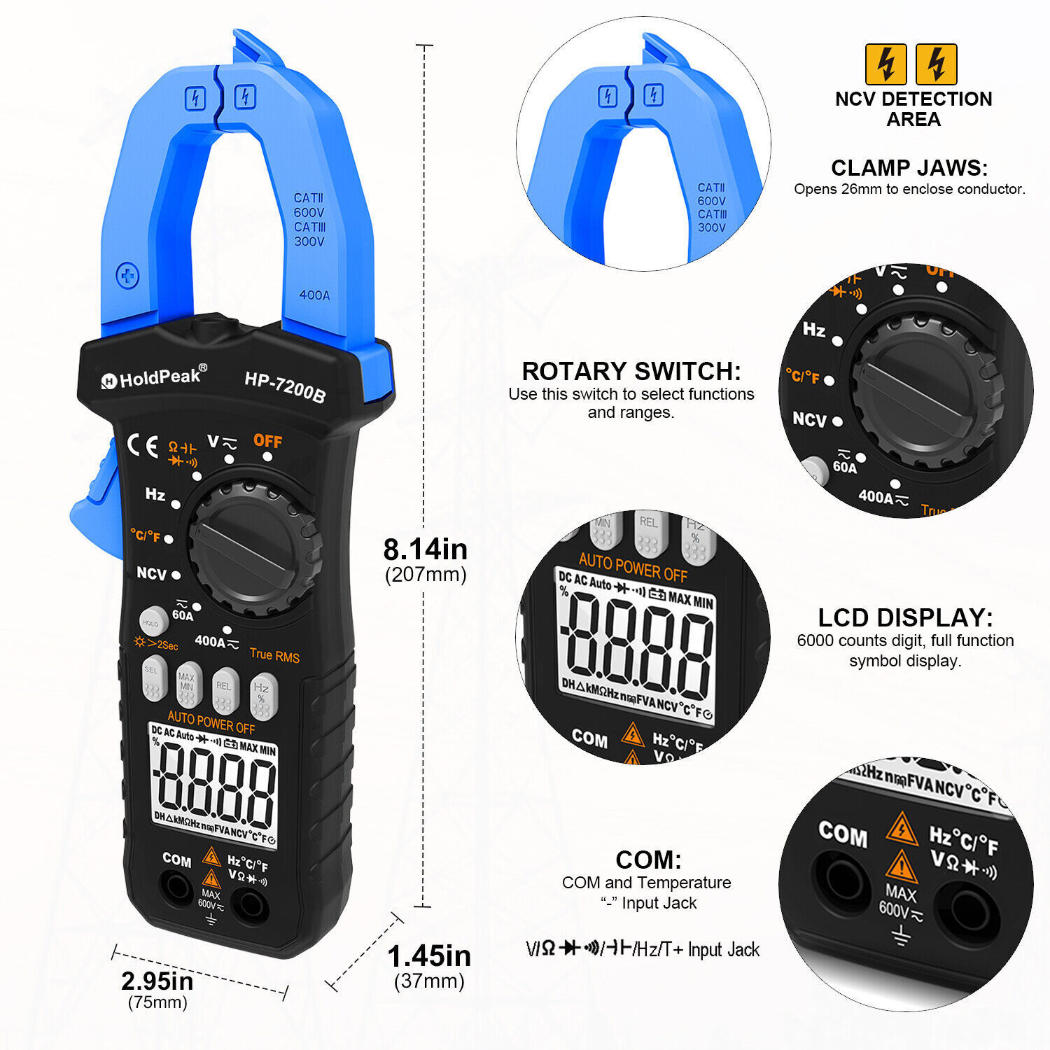 Clamp Meter TRMS 6000 Counts NCV Digital Clamp Multimeter DC AC Current Volt Amp