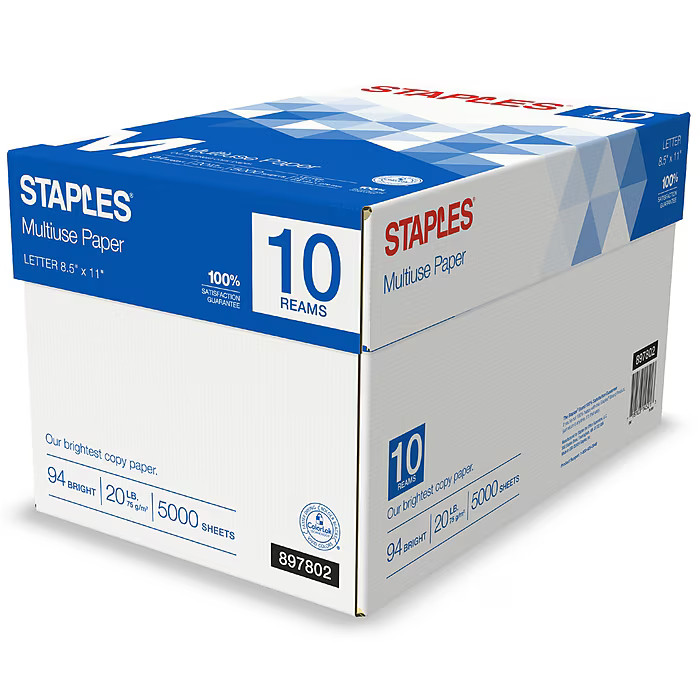 Staples Multiuse Copy Paper 8.5×11 20 lb 94 Brightness 500 Sheets/Ream 10 Reams