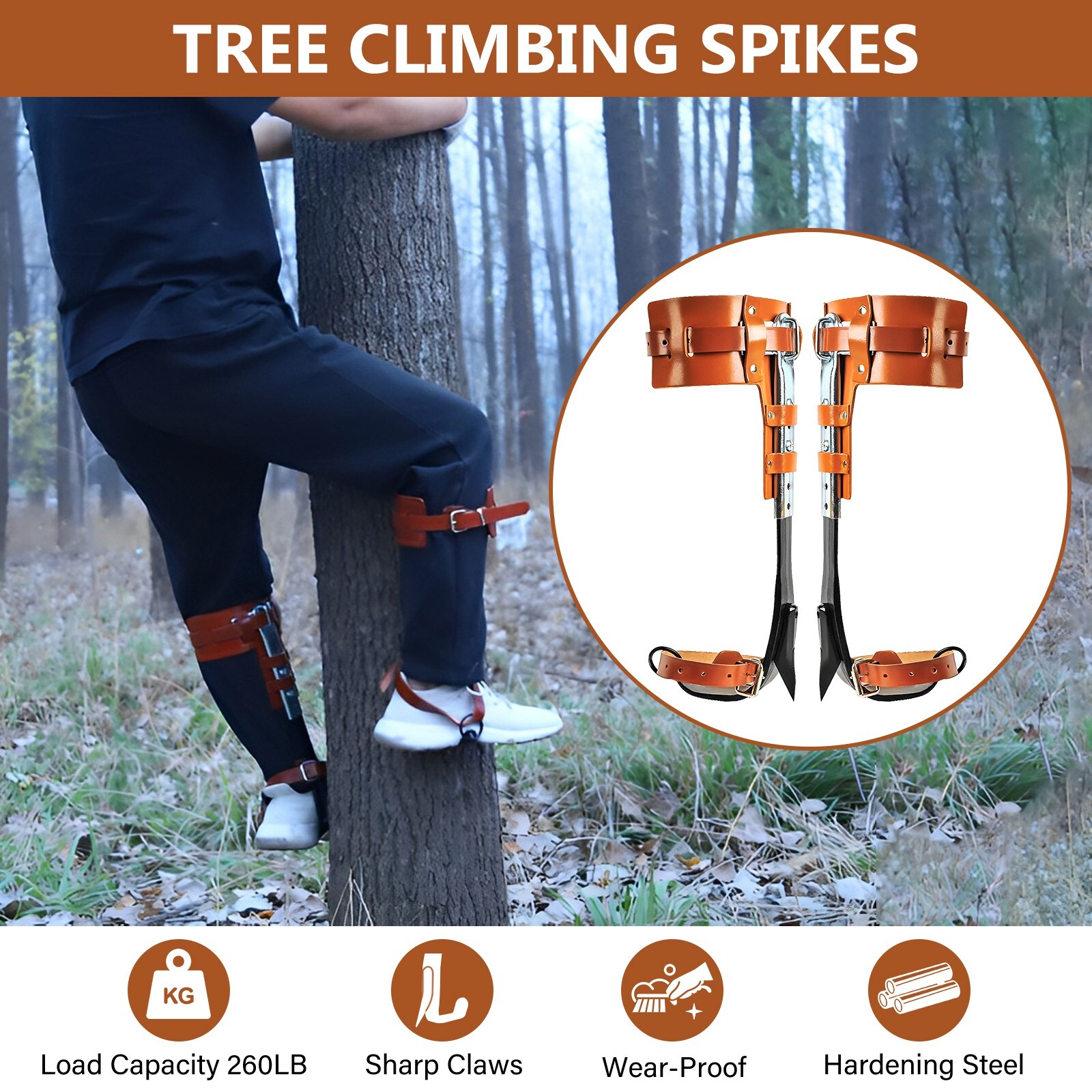Tree Spikes Adjustable Height Pole Tree Climbing Spurs Steel w/2 Climbing Gear