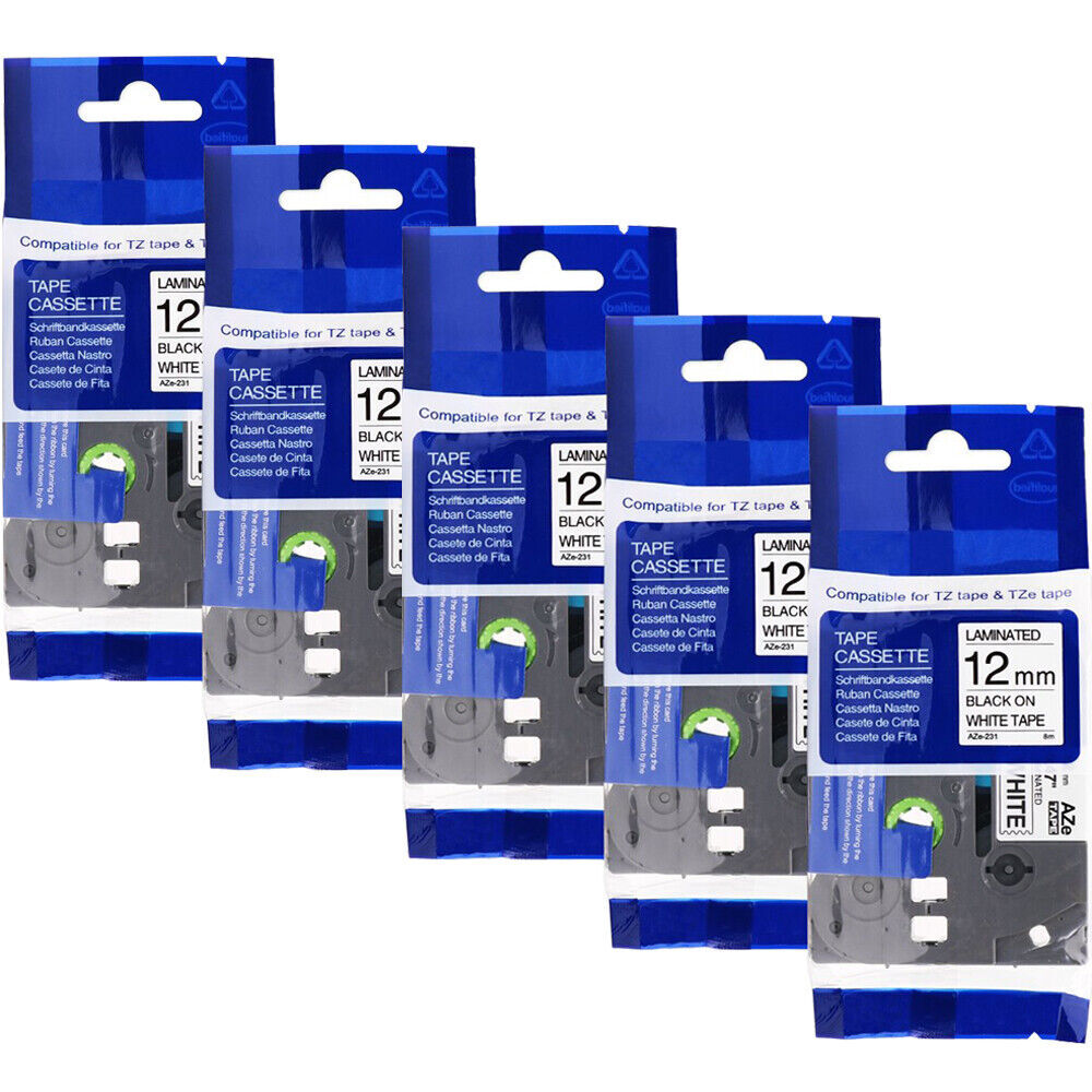 5PK Brother P-Touch TZ-231 TZe-231 12mm Label Tape Black on White 1/2″ PT-H100