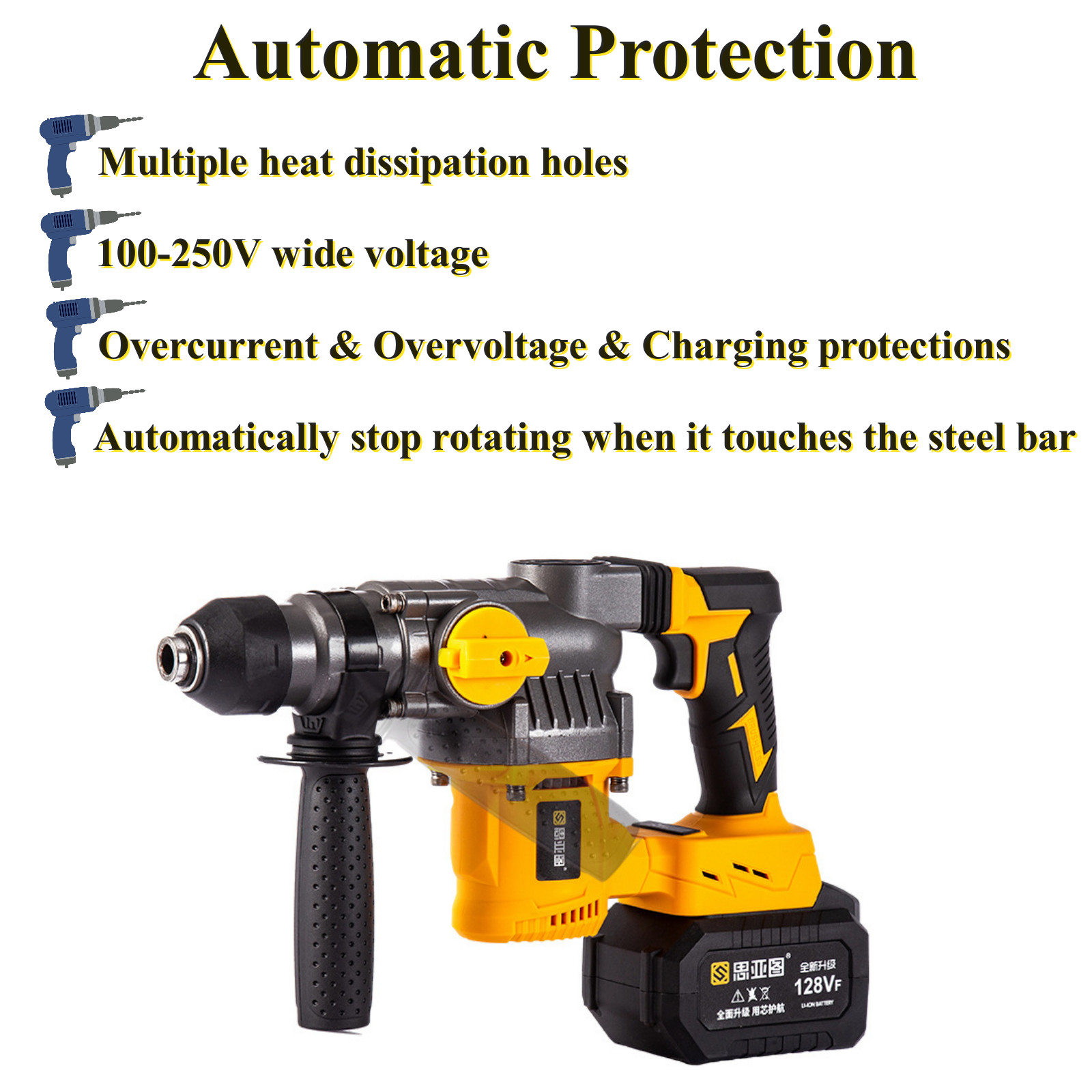 2 Mode SDS-Plus Rotary Hammer Drill 1400r/min Cordless Drill w/ 80cm Drill Bit