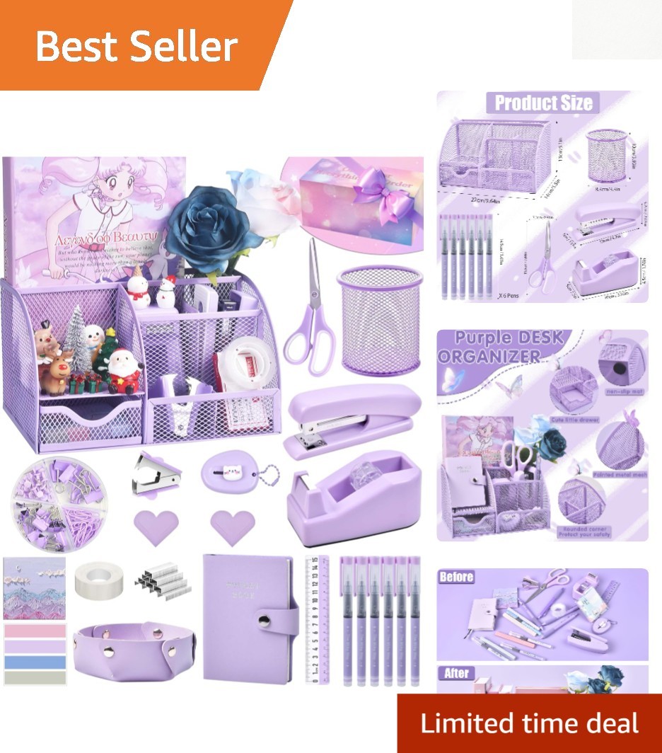 Stylish Purple Desk Organizers with 26 Essential Office Supplies – Gift Ready