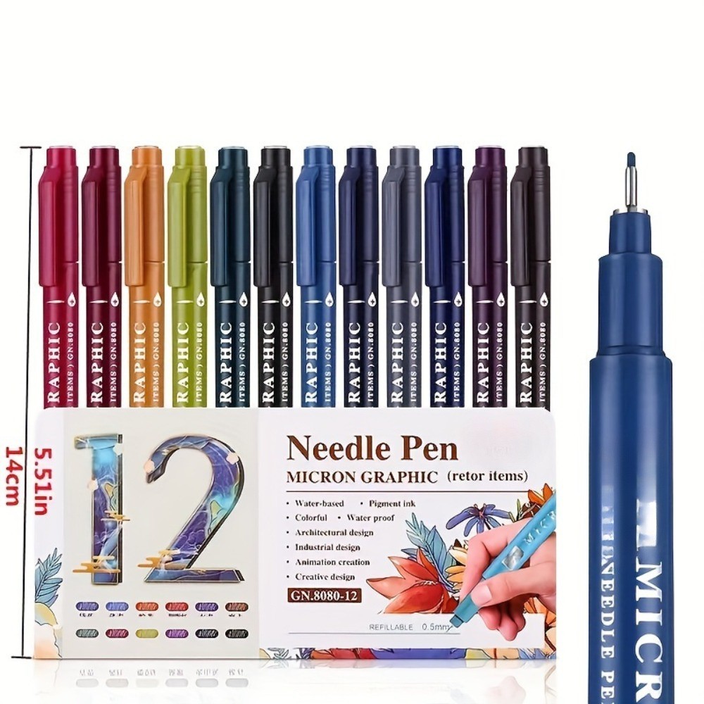 12PCS Micron Graphic Needle Pen Set – 0.5mm Water-Based Pigment Ink for Art