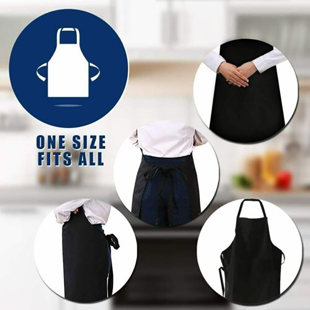 1-100X Unisex Black Bib Aprons with 2 Pockets for Chef Waiter Kitchen Restaurant