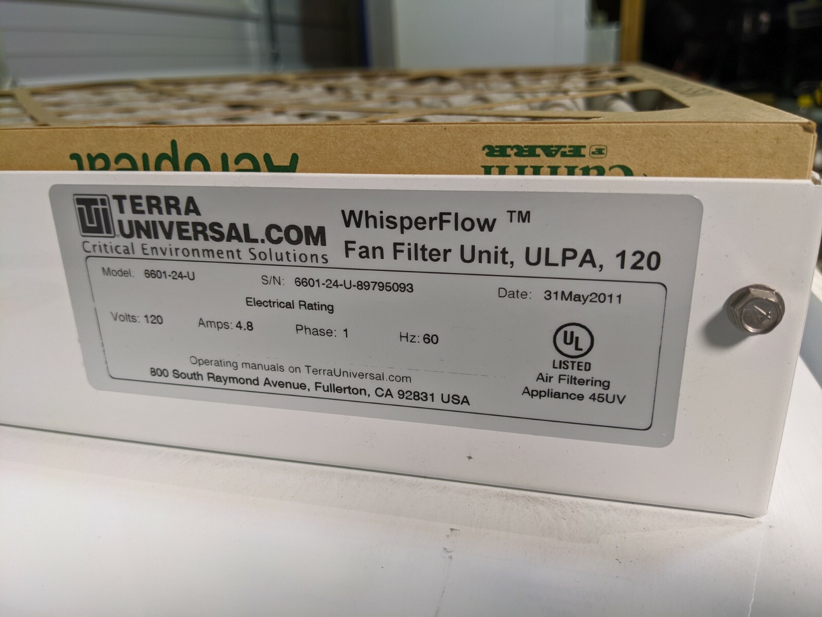 Terra Universal 6601-24-U WhisperFlow 2×4′ Fan Filter Unit ULPA 4′ Ductless Hood
