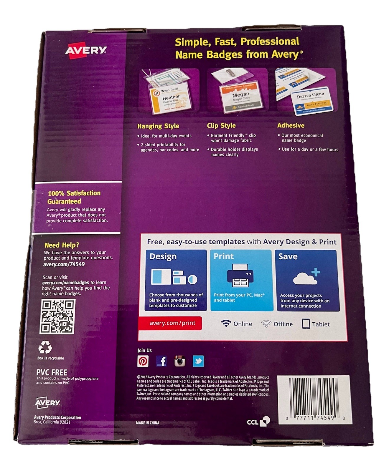 Avery 74549 Pin Style Top-Loading Name Badges 2.25 x 3.5 Inches White Box/100