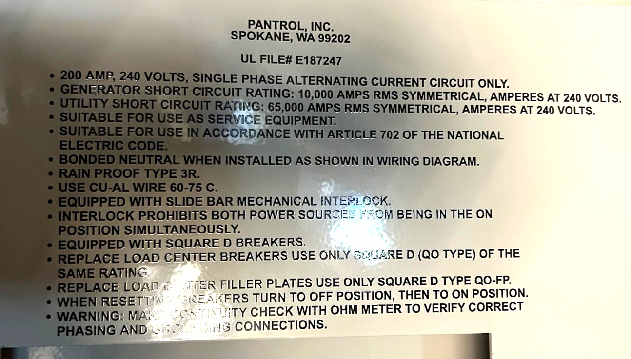 Manual 200 amp Generator transfer switch w/200 amp RS receptacle Square D Panel